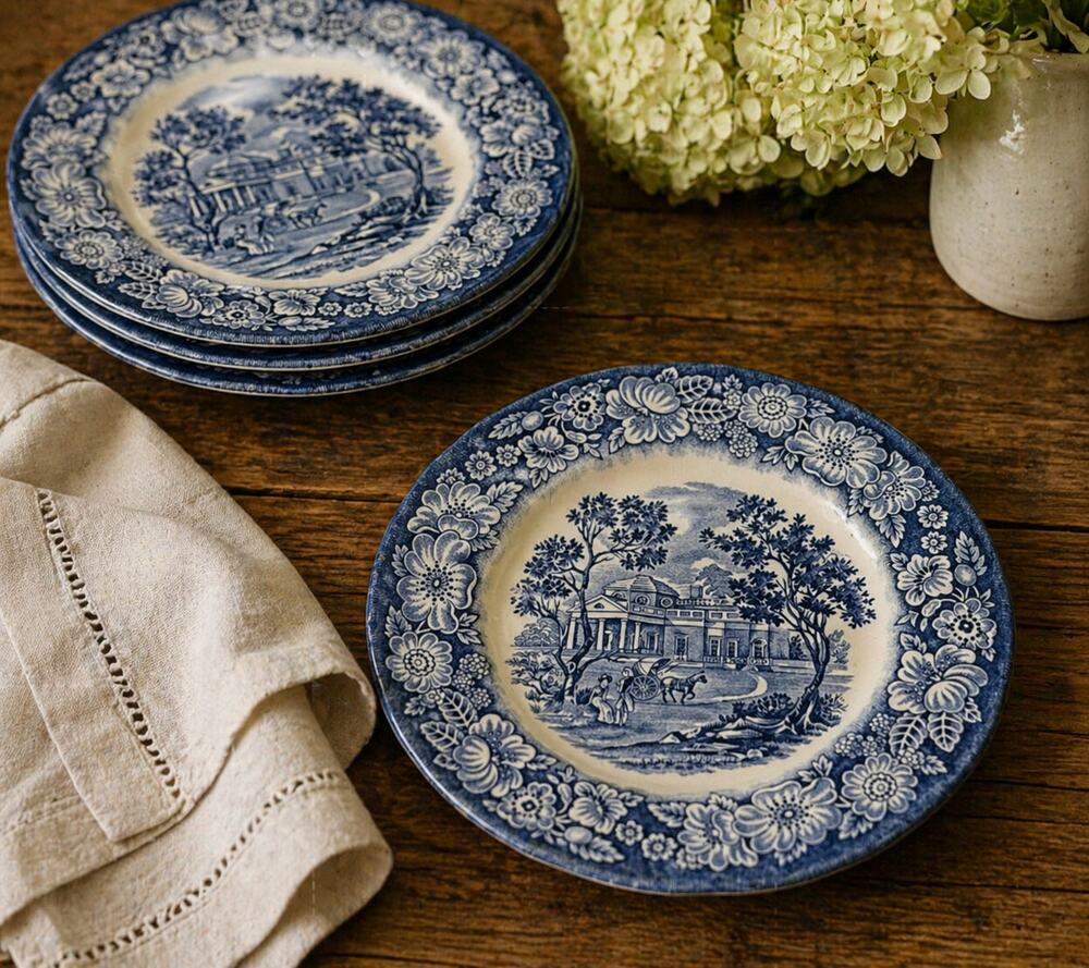 Vintage Liberty Blue Ironstone Plates Set 4 Staffordshire 5.75”